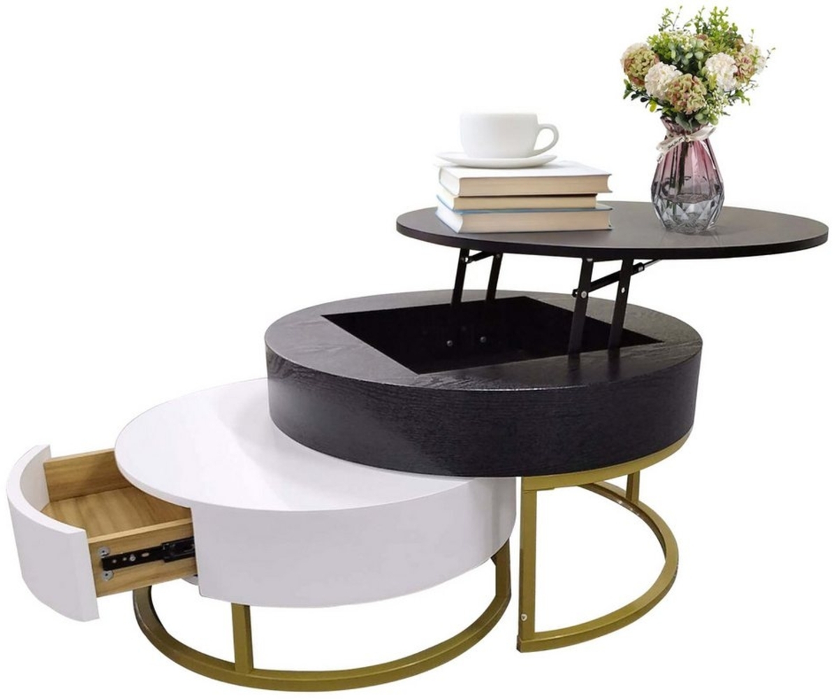 BlingBin Couchtisch Satztisch, Hochklappbare Couchtischkombination, Sofatisch (2er Set, 1-St, 70*70*42/56,5cm & 60*60*24cm, Produktladung: 20KG), Beistelltisch mit Schubladen, Metallrahmen, Weiß und Schwarz Bild 1
