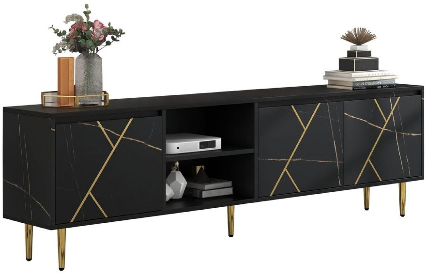 HAUSS SPLOE Sideboard TV-Schrank Fernsehtisch TV Board TV- Lowboard (TV-Schrank für 90-Zoll-Fernseher mit 3 Türen, Großer 200x35x60 cm), modernem Schwarz-Gold-Design Bild 1