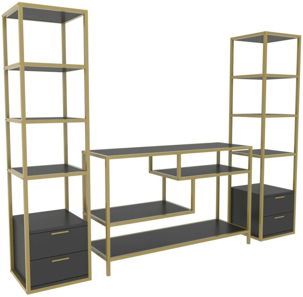 Dmora Wohnzimmermöbel Felion, Modulares Wohnzimmerset, Mehrzweck-Wohnzimmermöbel, Moderner TV-Schrank, 198x39h160 cm, Gold und Anthrazit Bild 1