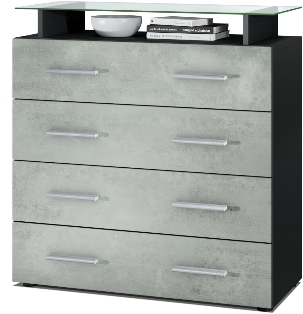 Vladon Sideboard Pavos V2, Kommode mit 4 Schubladen und Glasablage, Schwarz matt/Beton Oxid Optik (76 x 81 x 35 cm) Bild 1