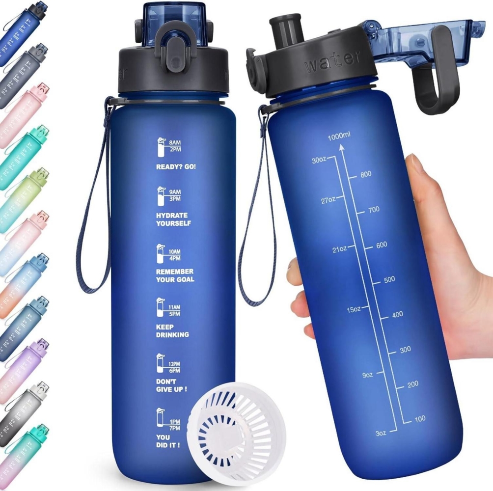 AOHAN Sport Trinkflasche 1l BPA-frei mit Zeitmarkierung Dunkelblau Bild 1