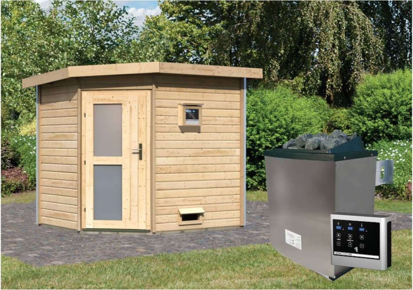 Karibu Sauna Mikka naturbelassen + 9 kW Saunaofen mit ext. Steuerung Easy Moderne Tür Bild 1