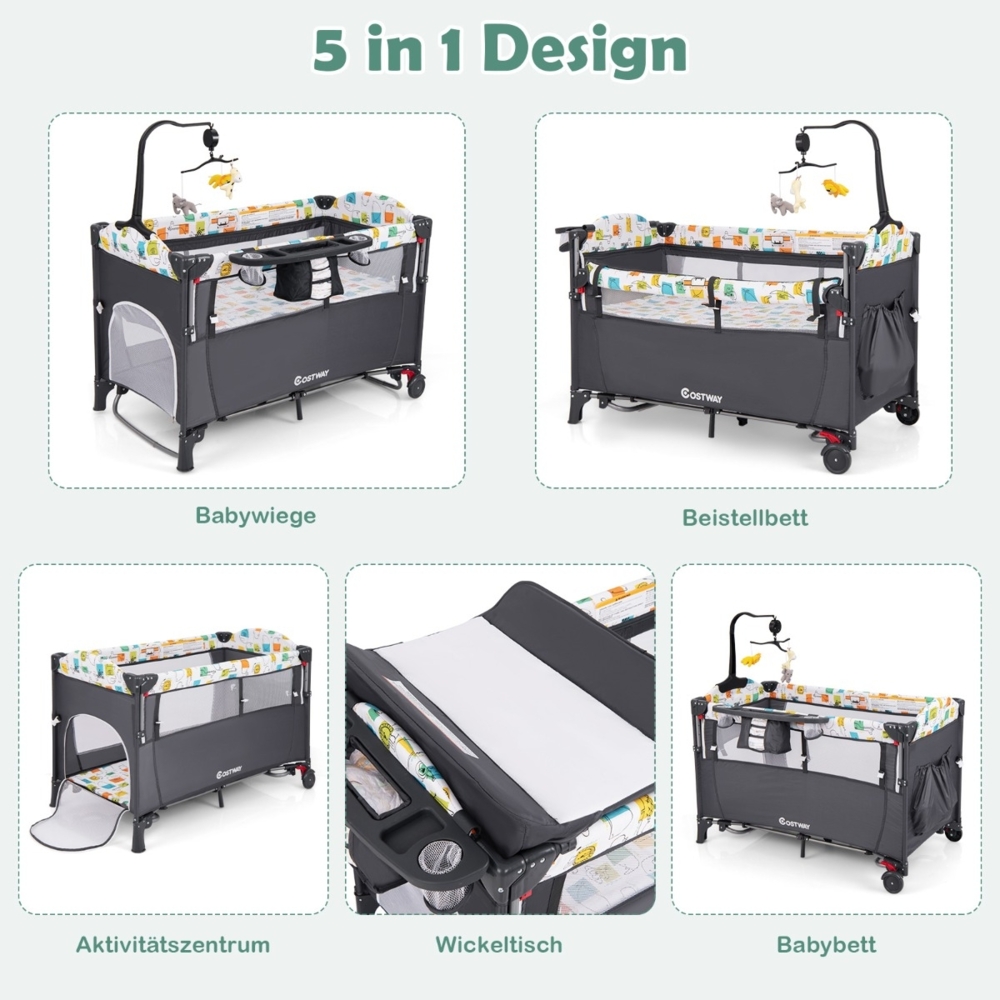 Wandelbares 5-in-1-Babybett mit Wickeltisch & Aufbewahrungstasche Grau Bild 1