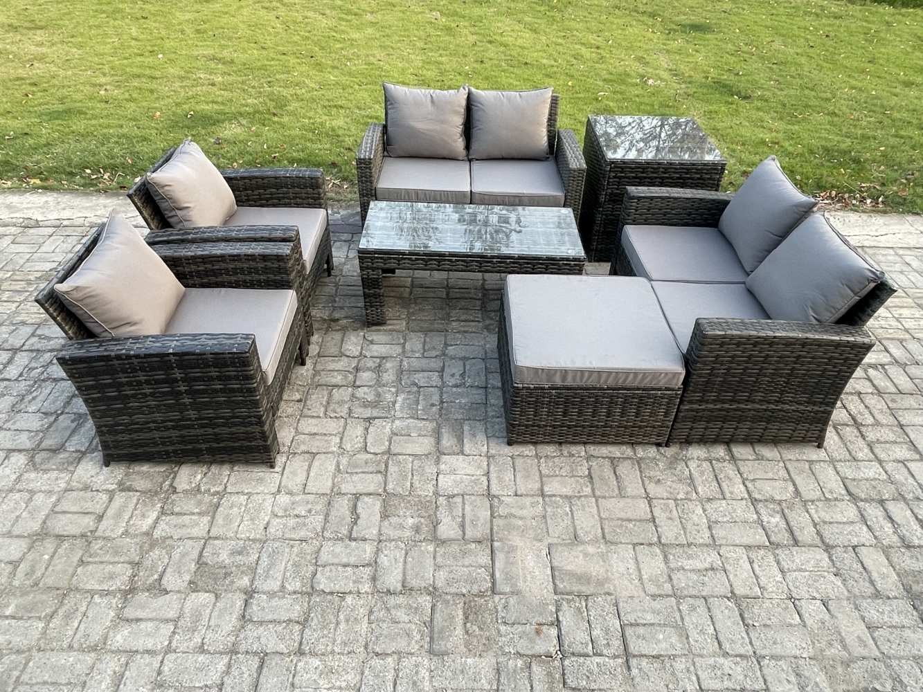 Fimous 7-Sitzer Dunkelgrau Gemischt Hoher Rücken Rattan Sofa Set Couchtisch Gartenmöbel Sitzgruppe mit Liebes-Sofa Lehnstuhl Großer Fußhocker Beistelltische Bild 1