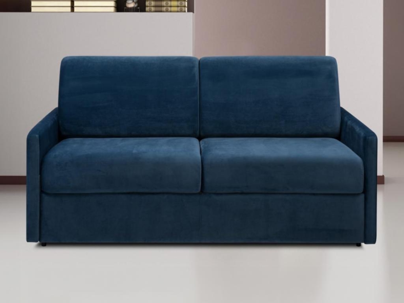 Vente-unique - Schlafsofa 3-Sitzer - Liegefläche mit Lattenrost mit breiten Latten: 140 cm - Matratze: 14 cm - Samt - Dunkelblau - CALIFE Bild 1