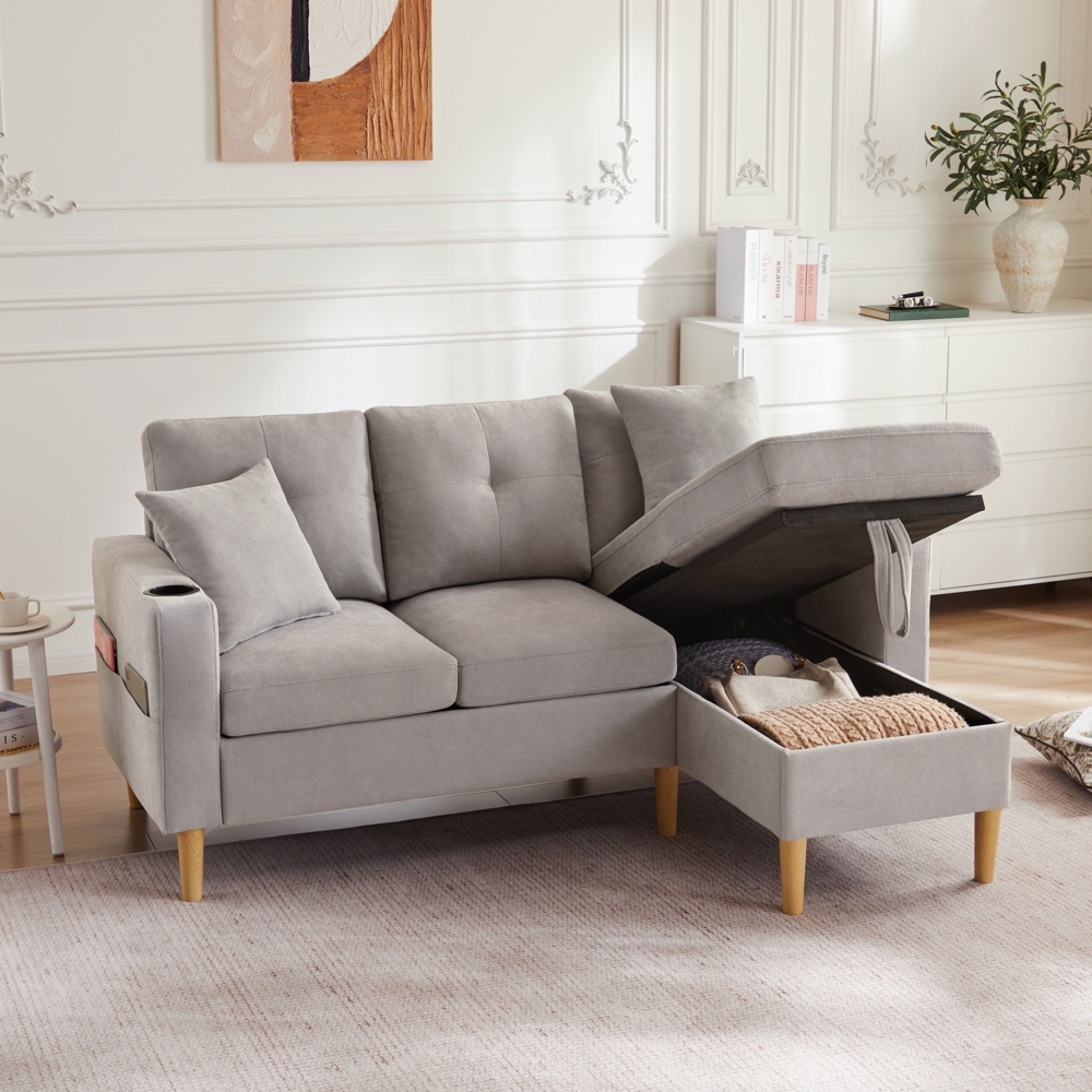 Merax L-förmiges modernes Sofa, 3-Sitzer-Sofa mit Chaiselongue, Stauraum, integriertem Getränkehalter, wird mit 2 Kissen geliefert, hellgrau Bild 1