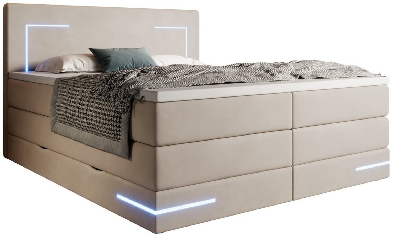 wonello Boxspringbett Detroit, Samt Bett mit LED Beleuchtung, Bettkasten und Topper Bild 1