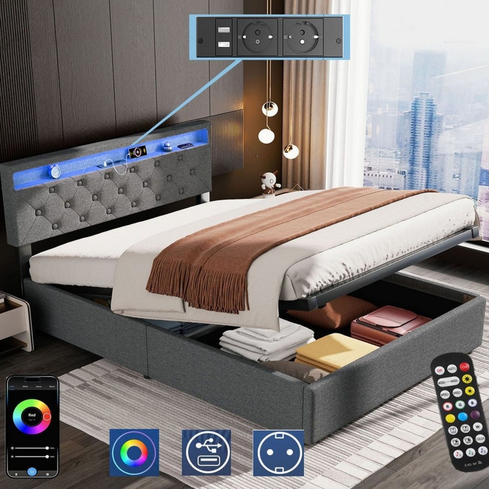 oyajia Polsterbett Doppelbett mit LED Licht 140x200cm,Hydraulisch anhebbarer Stauraumbett, Modernes Jugendbett, Leises Design Bett, Max. Belastbarkeit 350 kg Bild 1