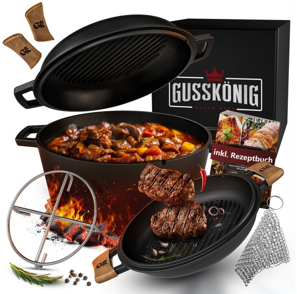 GUSSKÖNIG Grilltopf Dutch oven 2in1 Eingebrannter Gusseisen Topf 4,8L & Gusspfanne 1,8L Bild 1