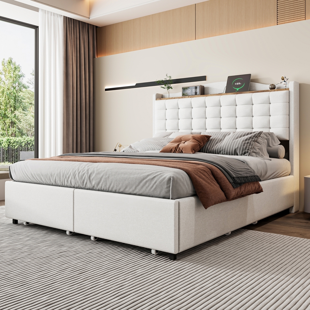 Polsterbett 140x200 cm mit Stauraum und USB-Anschluss – Leinenstoff in Beige Bild 1