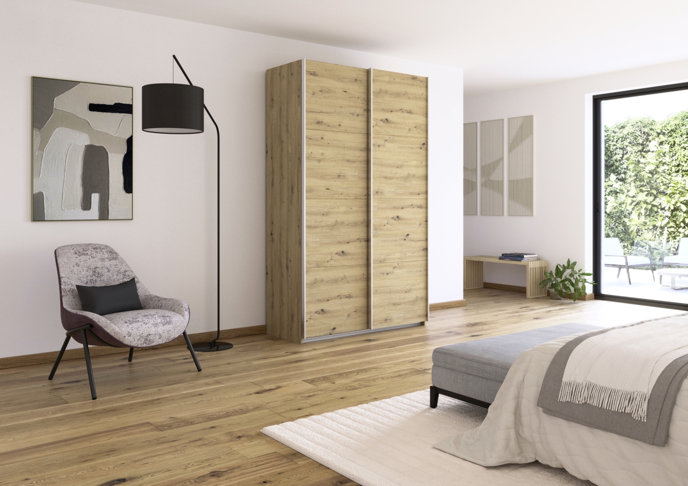 rauch Quadra, Kleiderschrank, Schiebetürenschrank, 2-türig, mit 2 Kleiderstangen und 4 Einlegeböden, Farbe Eiche Artisan, BxHxT 136x229x62cm Bild 1