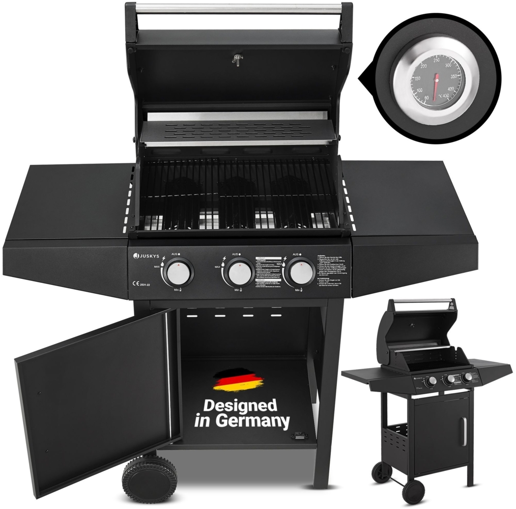 Juskys BBQ Gas-Grill Louisiana | 3 Brenner | Stahl-Korpus | Grillrost, Deckel mit Thermometer, Warmhalterost & Seitenablagen | Grillwagen Griller Bild 1