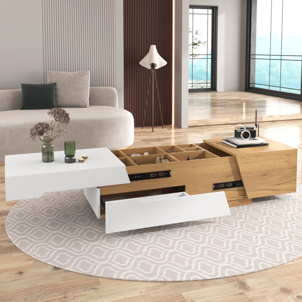 Couchtisch verschiebbar mit Stauraum 120x50cm MDF Modern Wohnzimmer Tisch Weiß+Holzfarbe Bild 1