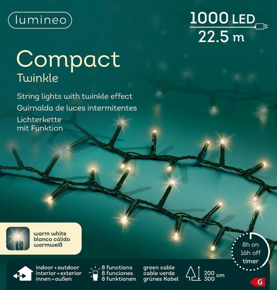 Lumineo LED-Lichterkette Lumineo Lichterkette COMPACT TWINKLE 1000 LED 22,5 m warm weiß, grün, Indoor/Outdoor, 8 Funktionen, 8h-Timer, + 5 Meter Bild 1