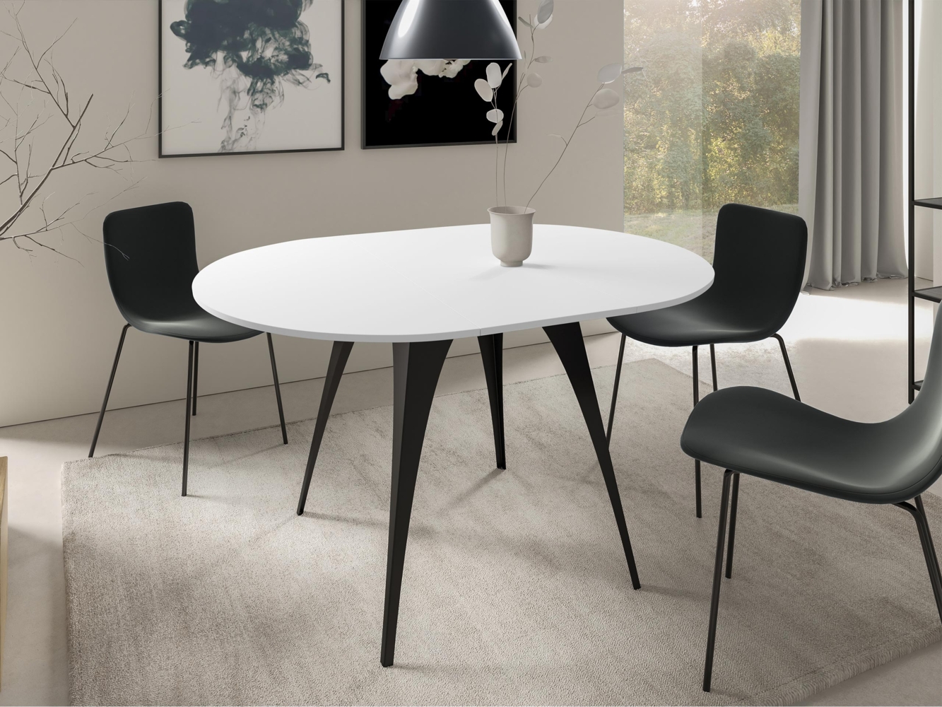 Esstisch Calliso 100, Ausziehbarer, Beine aus Stahl (Farbe: Schwarz / Arktisches Weiß) Bild 1