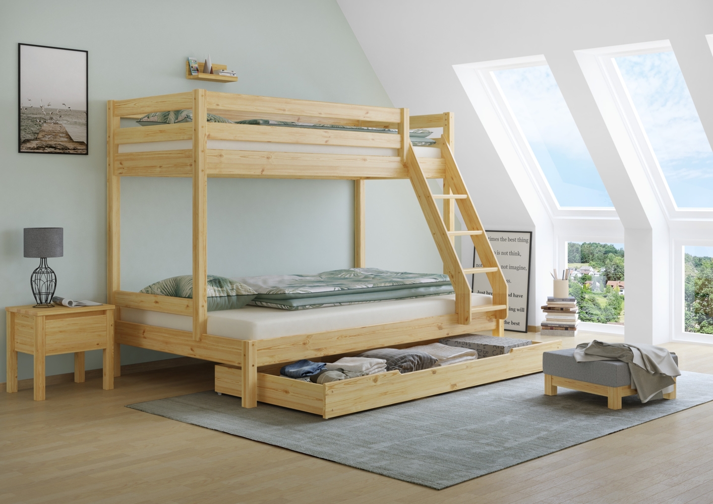 Doppel-Etagenbett 120x200 und 80x200 Erwachsenen-Stockbett Kiefer Massivholz natur V-60.18-08-12Rollrost und Bettkasten inkl. Bild 1