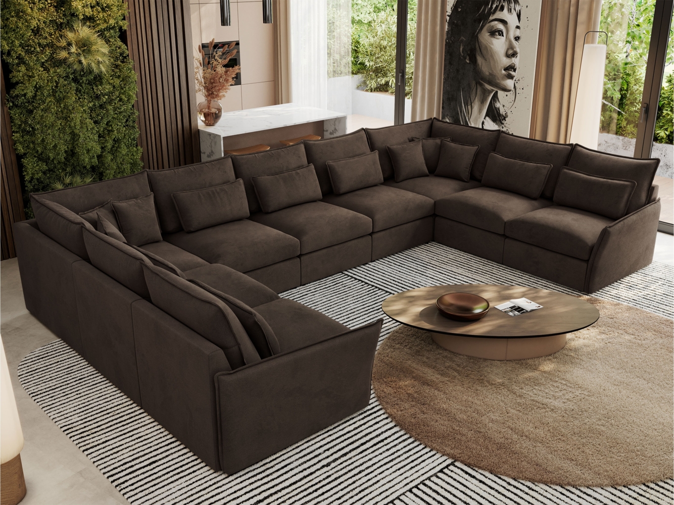 XXL U-förmige Ecksofa, modulares Ecksofa mit losen Kissen, Wohnlandschaft, universelles Ecksofa für das Wohnzimmer - VERSO U 9M - Braun Velours Bild 1