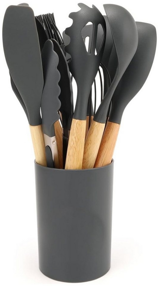 MODFU Kochbesteck-Set 12er Küchenhelfer Set Kochgeschirr Küchenzubehörset (mit Hitzebeständigem Holzgriff und Aufhängeschlaufe, 12-tlg, Küchen Utensil, Silikon und Holz), BPA-frei für Kochen Braten Schöpfen Mischen und Backen usw Bild 1