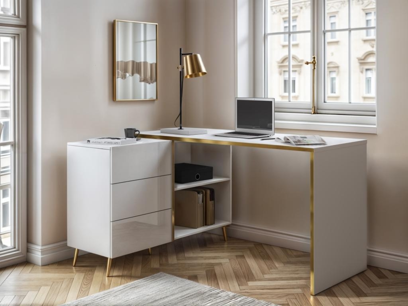 Vente-unique - Eckschreibtisch mit Schubladen & Fächern - Weiß glänzend & Goldfarben - MARZIALO Bild 1