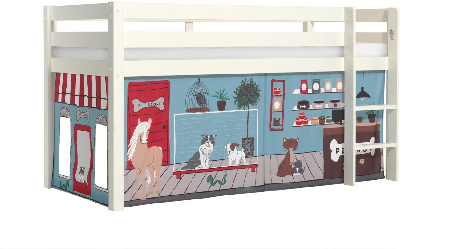 Vipack 'Pino' Halbhochbett 90x200 cm, weiß, Kiefer massiv, mit Textilset 'Pet Shop' Bild 1