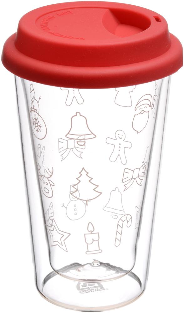 Doppelglas-Becher, 300 ml, 'Weihnachten', mit rotem Deckel Bild 1