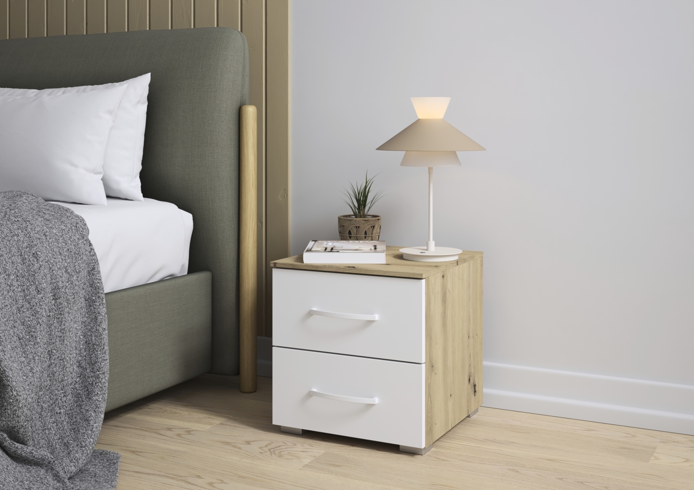 rauch Aditio Box, Nachttisch, 2 Schubladen, mit Softclose-Funktion, Farbe Weiß/Eiche Artisan, BxHxT 40x42x42cm Bild 1