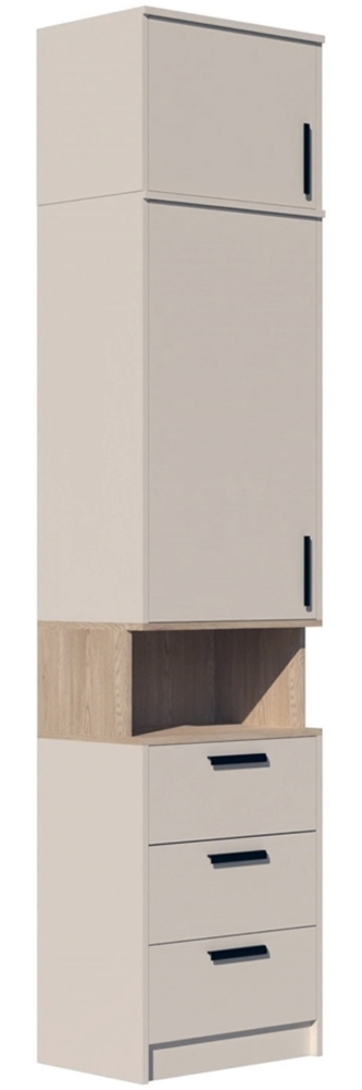 Marmex Möbel Grant 06/14C Mehrzweckregal, Standregal, Kombiregal, mit Aufsatz, Bücherregal mit 3 Schubladen, laminierte Spanplatte, graubeige cashmere+cremona torro, 52x235x40 cm Bild 1