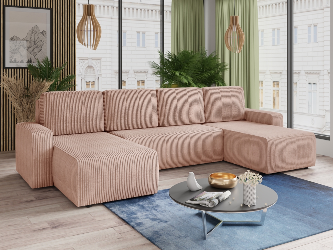 Wohnlandschaft mit Schlaffunktion Roma - U-Form Couch, Schlafsofa mit Bettkasten, Couchgranitur mit Bettfunktion, Big Sofa, Cord Stoff (Pink (Poso 052)) Bild 1