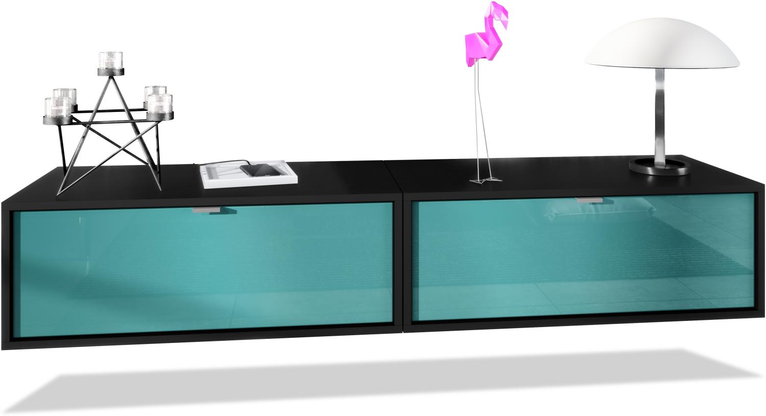 2er-Set TV Board Lana 80, Lowboards je 80 x 29 x 37 cm mit viel Stauraum, Korpus in Schwarz matt, Fronten in Petrol Hochglanz Bild 1
