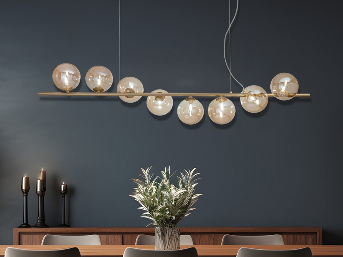 Große LED Pendelleuchte 8-flammig Gold-Glaskugeln Bernstein, Breite 145cm Bild 1