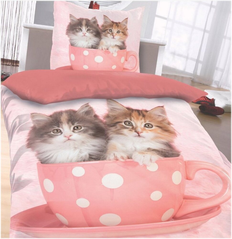 KH-Haushaltshandel Bettwäsche Motiv Wende Bettwäsche, 135 x 200 + 80x80cm, Katze, Microfaser, Microfaser, fotorealistischer Druck Bild 1