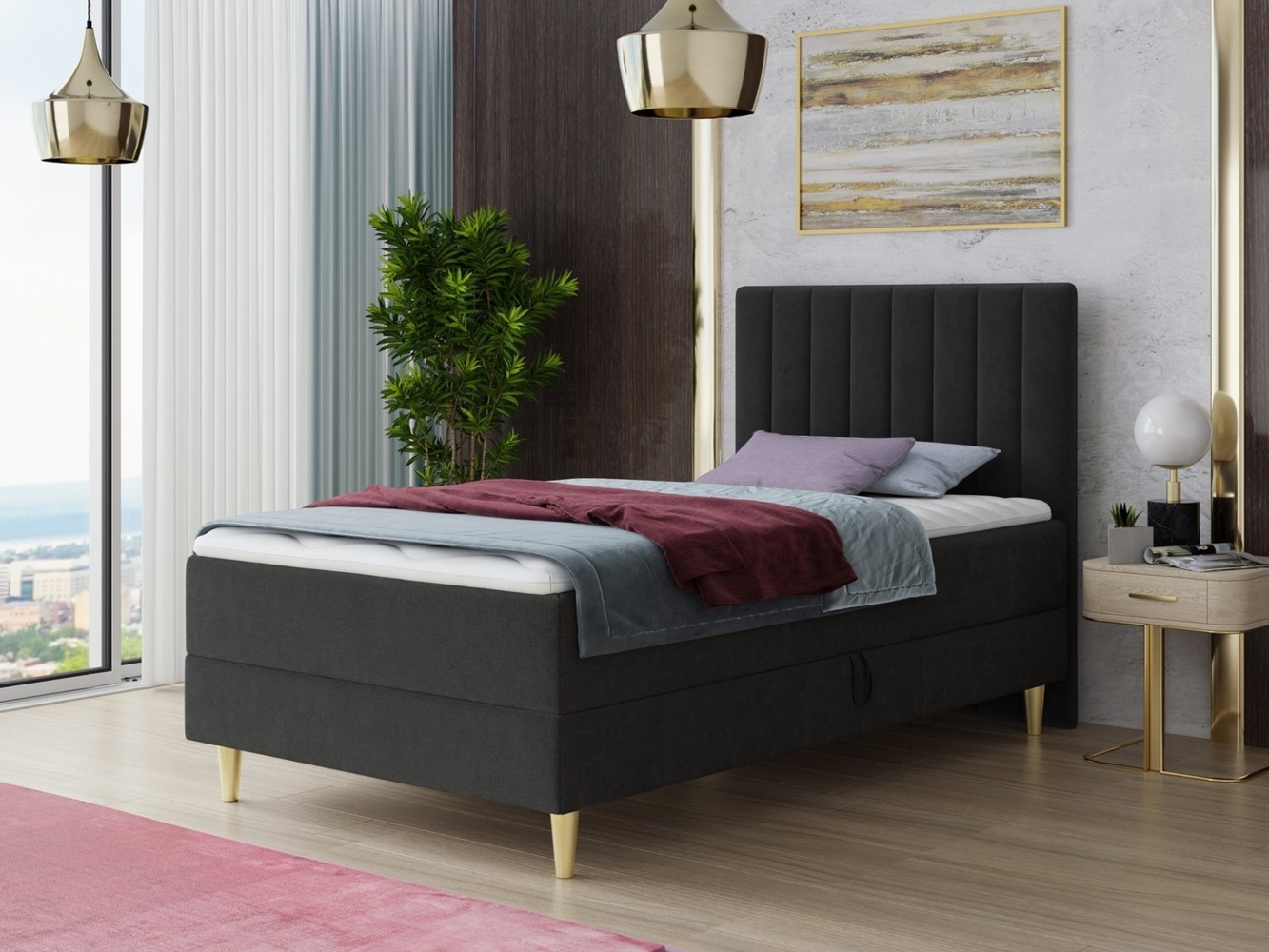 Boxspringbett Gold Mini mit Bettkasten, Bonell-Matratze und Topper - Einzelbett mit Matratzentopper, Polsterbett, Bett, Schlafzimmer, Jugendzimmer, Velours Stoff (Schwarz (Manila 18), 80 x 200 cm) Bild 1