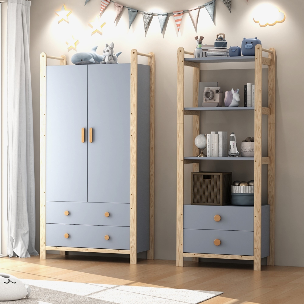 Merax 180cm Doppelklappengarderobe, Kombinationsgarderobenset, Garderobe + Regal, Kinderzimmer-Set, Kombinationsmöbel, mit Kleiderstange und Schubladen, Fichtenrahmen, Farbkombination Blau + Naturholz Bild 1