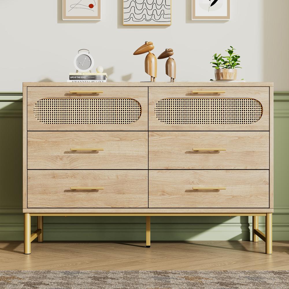 Merax Rattan kommode Sideboard mit 6 Schubladen, komodenschrank, Schminktisch, für Wohnzimmer und Schlafzimmer, Metallgriffe, Kippschutz, 120 x 40 x 74 cm, Sonoma Eiche Bild 1