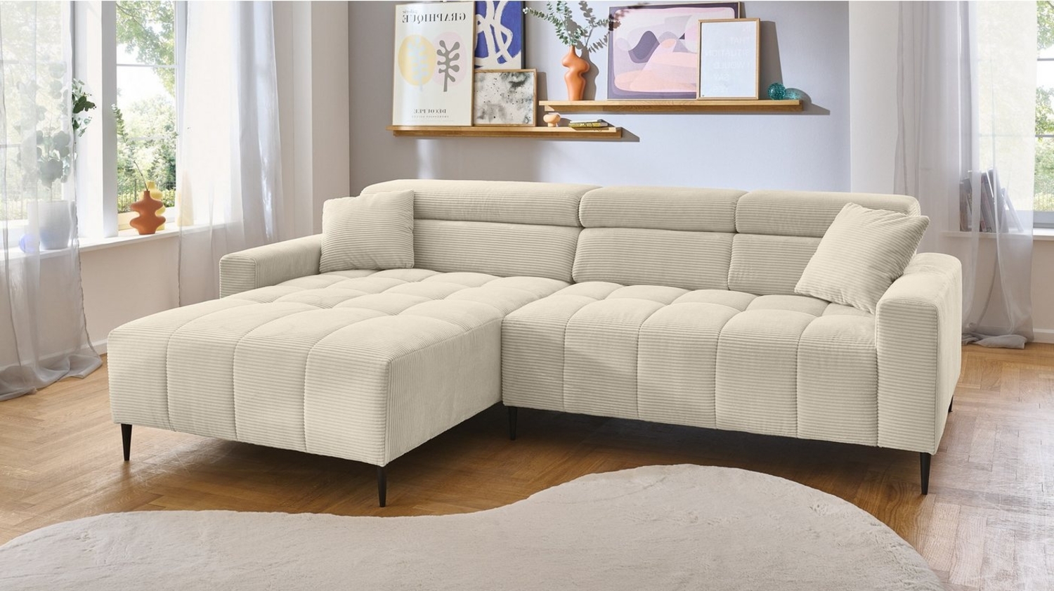 Massivart® Ecksofa SIMPLE Cord beige / 256 cm / Cordsofa, Sitztiefenverstellung / Kopfteilverstellung / Nosagfederung Bild 1