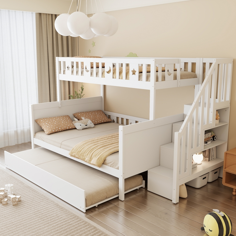 Merax Etagenbett Kinderbett 90*200/140*200cm, aus Massivholz mit Sicherheitstreppe, Rollbett und Lattenrost, Weiß Bild 1