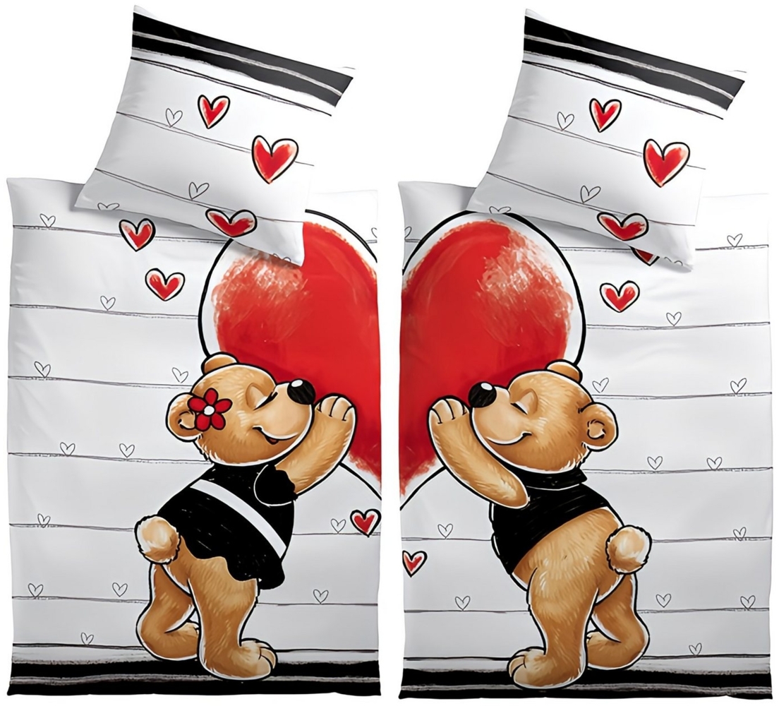 Leonado Vicenti Bettwäsche Romantische Partnerbettwäsche 135x200 cm, Microfaser, 4 teilig, Bärenpaar mit Herzen, Liebe, neutrale Farben Bild 1