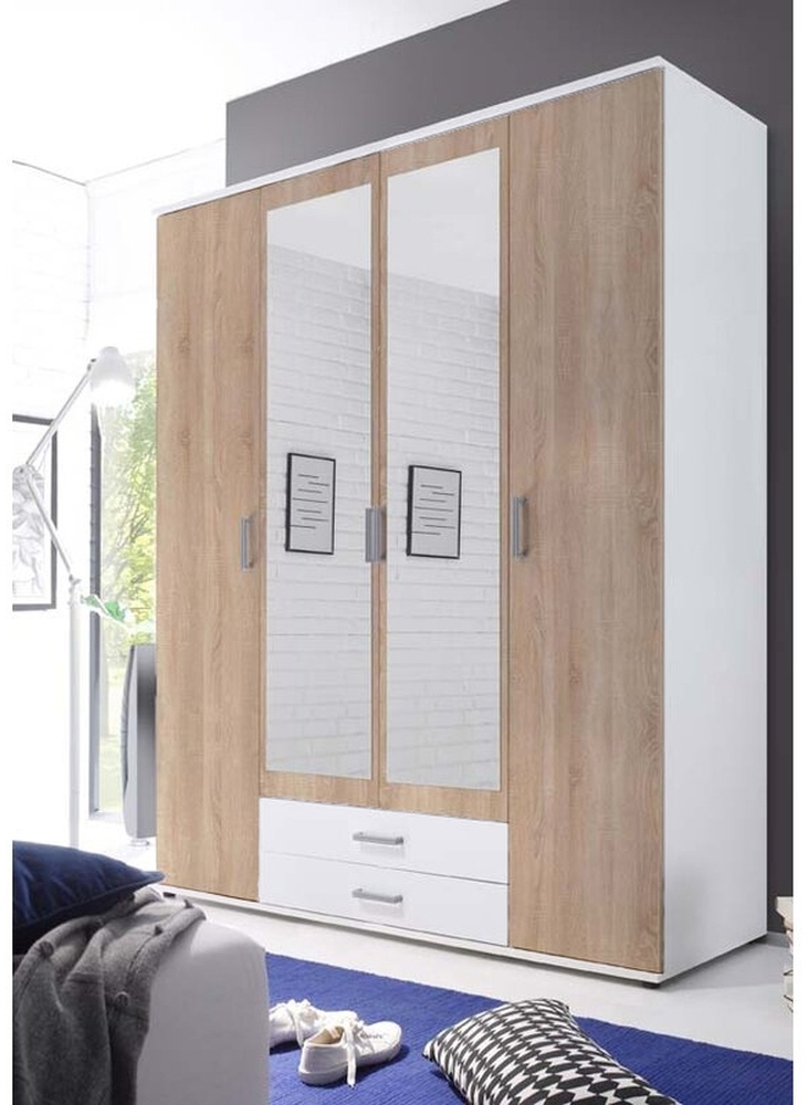 Kleiderschrank >Karl< in weiß mit Absatz Sonoma/Eiche - 159x196x54cm (BxHxT) Bild 1