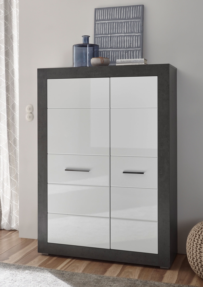 Etero Highboard Kommode 100cm dark concret / weiß Hochglanz Modern Bild 1