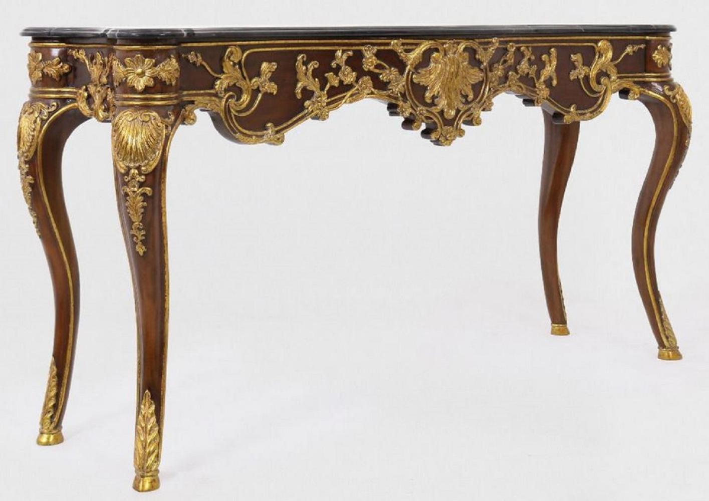 Casa Padrino Luxus Barock Konsole Dunkelbraun / Gold / Schwarz 155 x 45 x H. 80 cm - Mahagoni Konsolentisch mit edlen Verzierungen und Marmorplatte - Möbel im Barockstil Bild 1