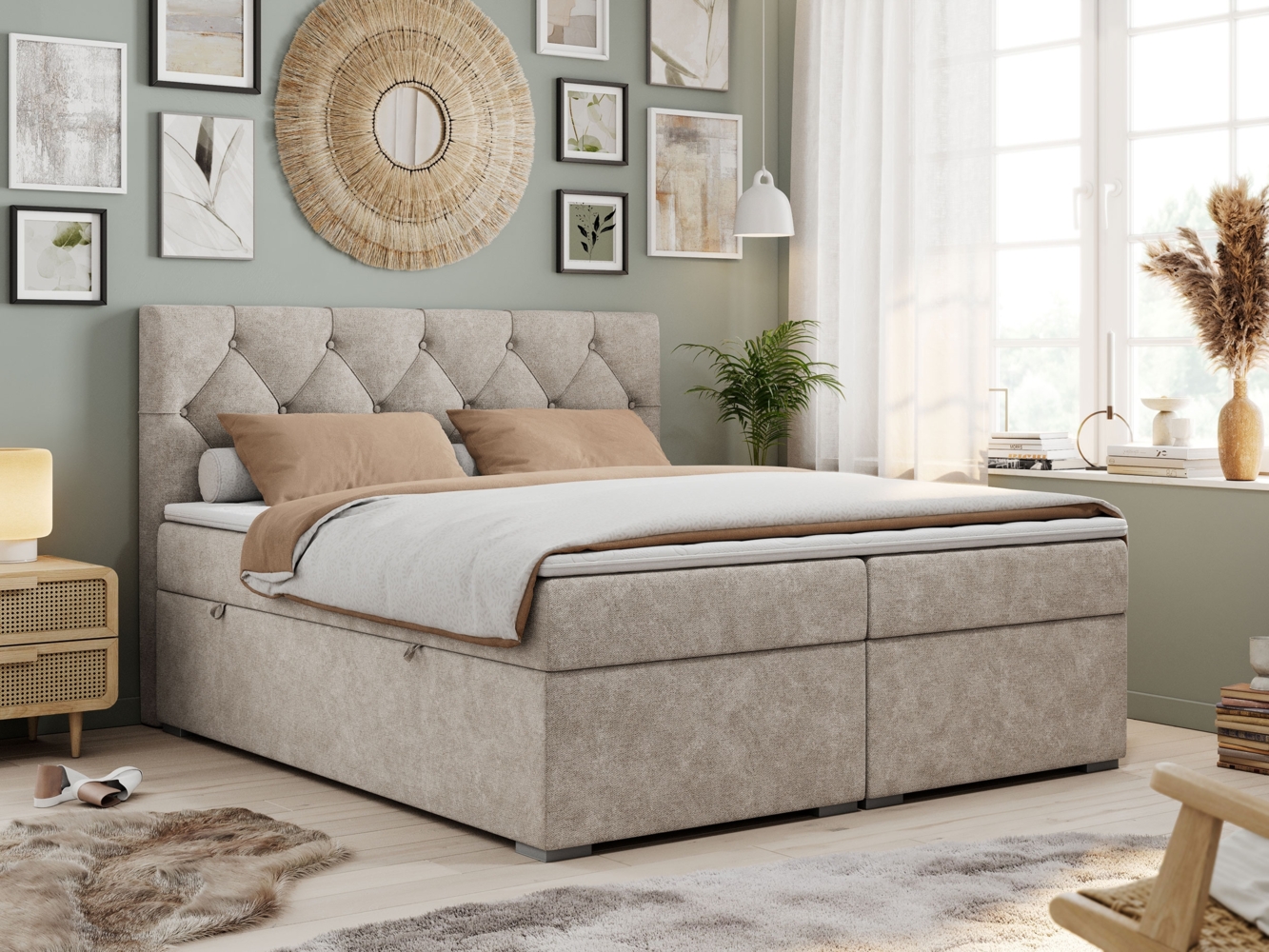 Boxspringbett, Bett, Polsterbett, zwei Bettkästen - ALDA - 200x200cm - Beige Stoff - H4 Bild 1