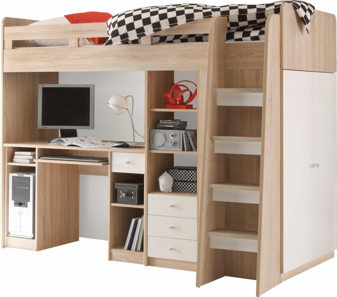 Begabino Hochbett Unit mit Kleiderschrank, Schreibtisch und Schubladen Bild 1