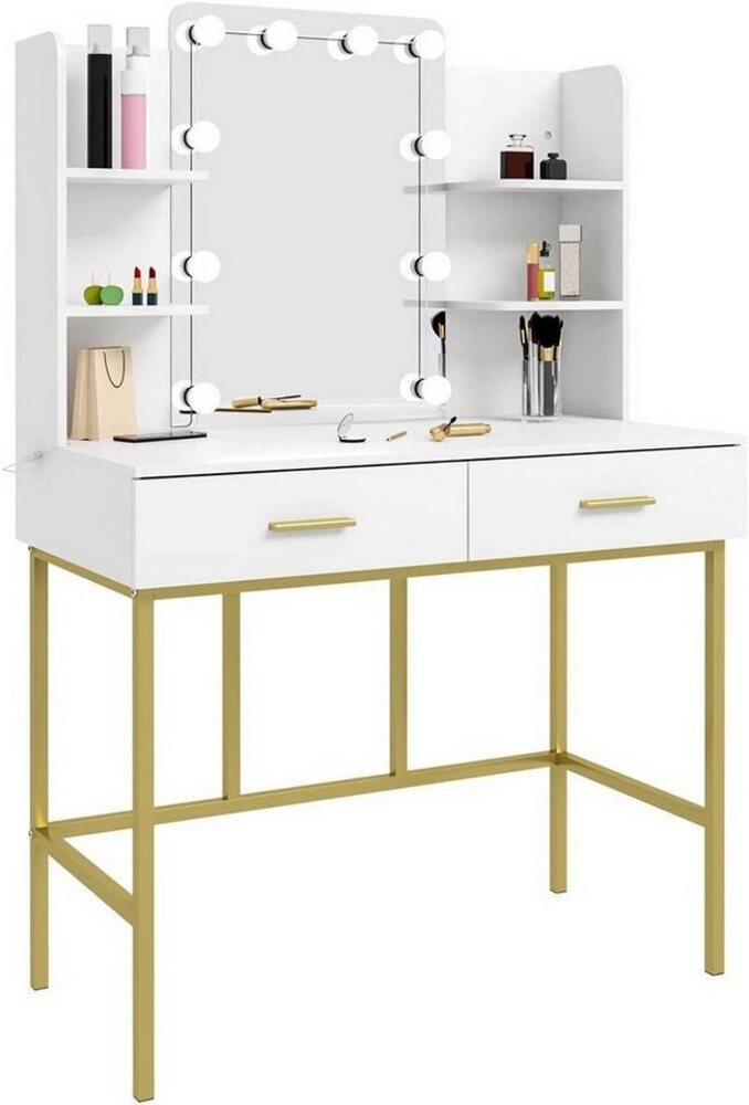 Woltu Schminktisch (1-St), mit Spiegel und LED-Beleuchtung, Modern, Weiß Gold 45x136x90cm Bild 1