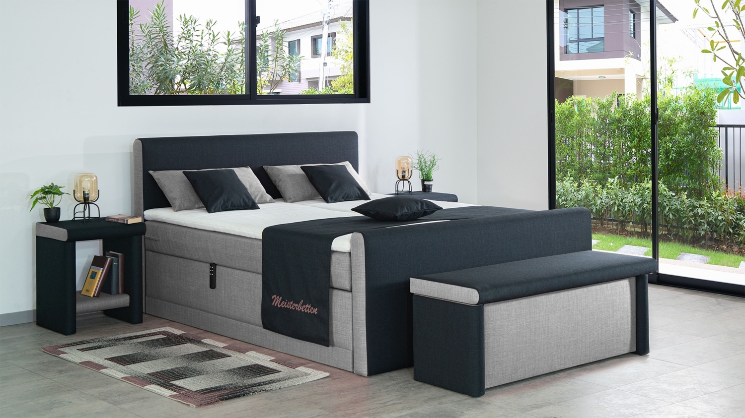 Meisterbetten Boxspringbett Amos 100x220 in W-Silver Grey in W-Black, Matratzenbezug Nano, Ergoflex-Topper, mit Fussteil Bild 1