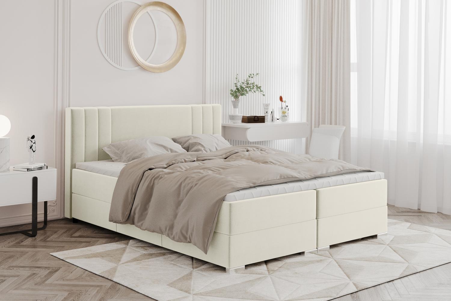 MEBLINI Boxspringbett ALBA 180x200 cm mit Bettkasten – H3P/Creme Samt Polsterbett - Doppelbett mit Topper & Taschenfederkern-Matratze Bild 1