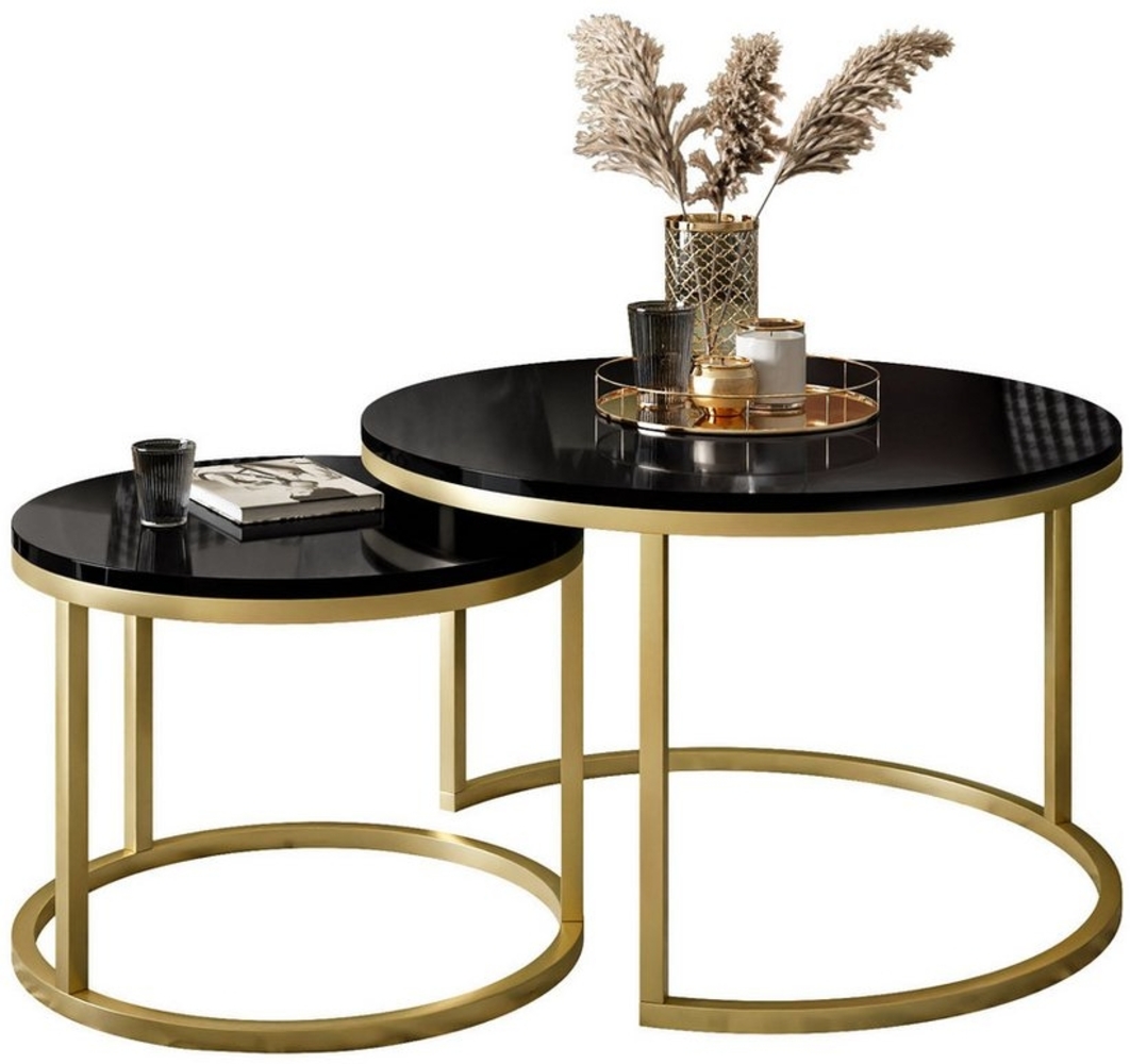 Lookway Couchtisch CIRI 2in1 Hochglanz mit Gold Matt Gestell, Runder Tisch (2er Set), Durchmesser: ⌀70 cm & ⌀50 cm und Durchmesser: ⌀80 cm & ⌀60 cm Bild 1