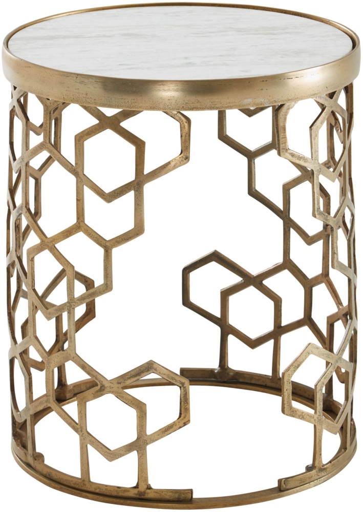 Beistelltisch Echter Marmor Weiß 46 x 46 x 55 cm Anstelltisch Metall Gold, Kleiner Sofatisch Rund, Wohnzimmertisch Couch Modern, Couchtisch Hoch Bild 1