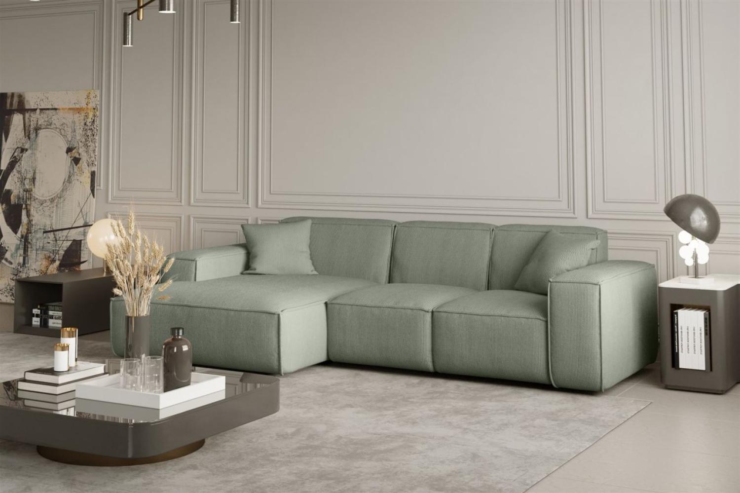 Ecksofa Designersofa CELES in Stoff Scala Olivgrün Ottomane Links Bild 1