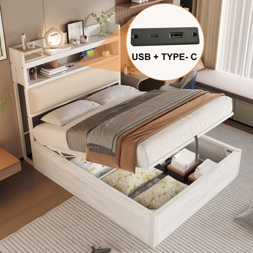 Hydraulisches Polsterbett 90x200 cm mit Stauraum & Kopfteil-Ablage, USB-Anschlüsse, Metallrahmen, Retro-Design,Weiß,inklusive Schaummatratze Bild 1