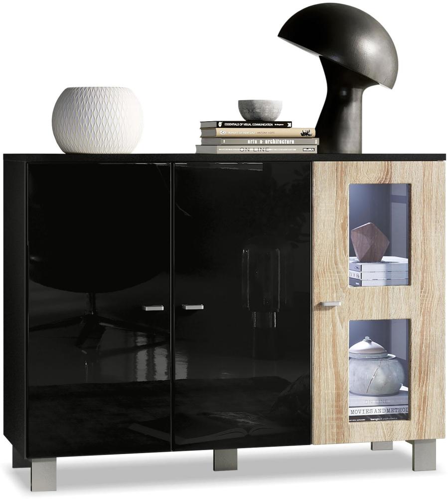 Vladon Sideboard Denjo, Kommode mit 3 Türen, Schwarz matt/Schwarz Hochglanz/Eiche Sägegrau, inkl. LED-Beleuchtung (107 x 81 x 35 cm) Bild 1